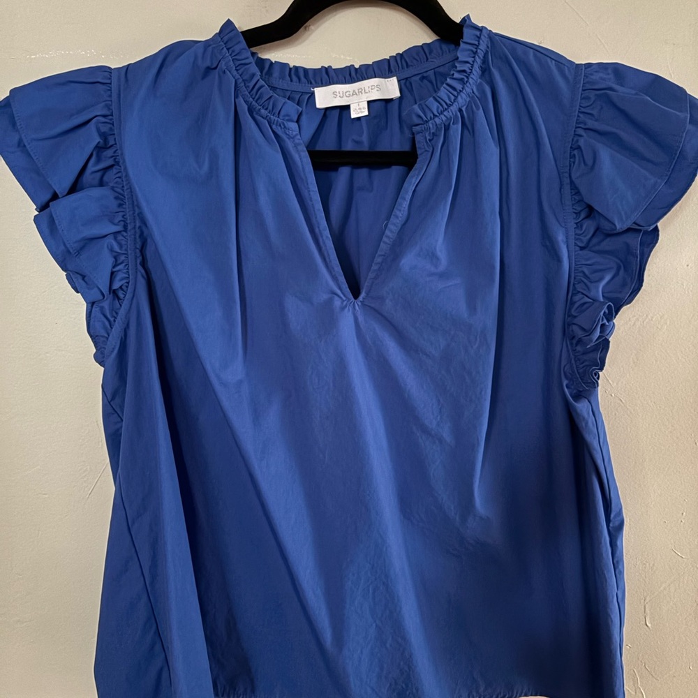 Sugarlips Blue Ruffle Sleeve Blouse